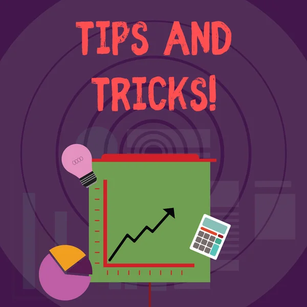 Writing note showing Tips And Tricks. Business photo showcasing means piece advice maybe suggestion how improve Investment Icons of Pie and Line Chart with Arrow Going Up.