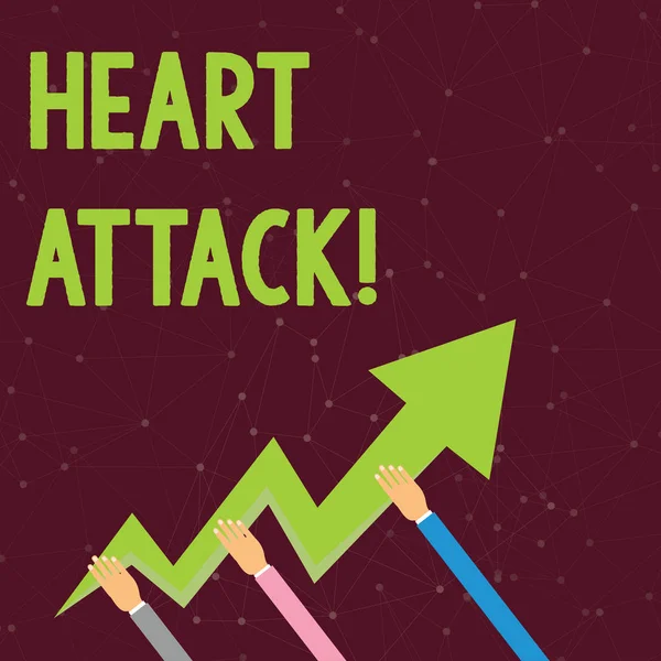 Handgeschreven tekst hartaanval. Concept betekent plotseling optreden van coronaire trombose resulterend in de dood drie handen houden kleurrijke zigzag bliksem pijl wijzend en omhoog. — Stockfoto