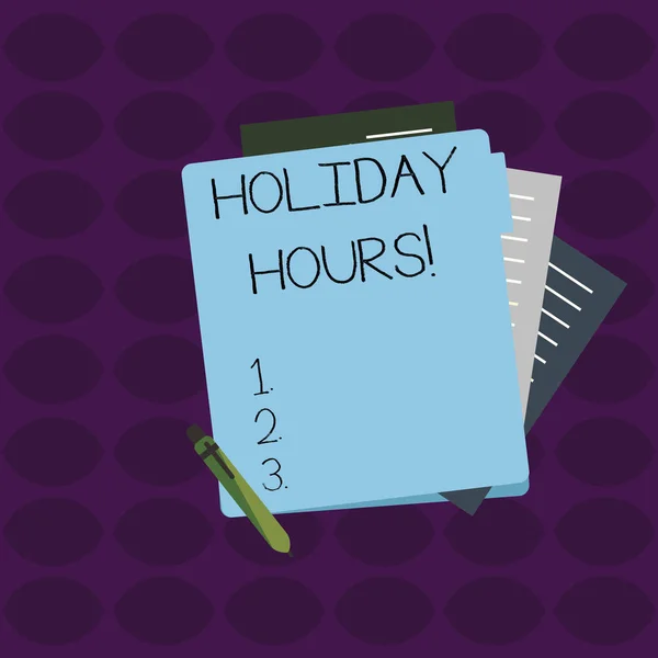 Word writing text Holiday Hours. Business concept for Overtime work on for employees under flexible work schedules Colorful Lined Paper Stationery Partly into View from Pastel Blank Folder. — Stock Photo, Image