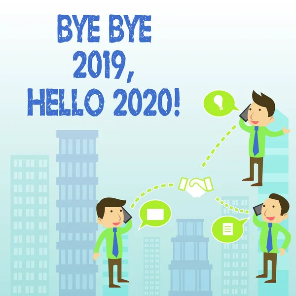 Tekst pisania słów Bye Bye 2019 Hello 2020. Koncepcja biznesowa na pożegnanie się z ubiegłym rokiem i powitanie kolejnego dobrego. — Zdjęcie stockowe