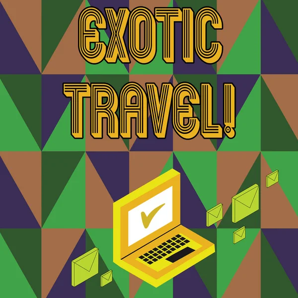 Schrijfbriefje met Exotic Travel erop. Zakelijke foto presentatie Reizen naar ongewone plaatsen of onbekende bestemming Mail Enveloppen rond Laptop met Check Mark icoon op Monitor. — Stockfoto