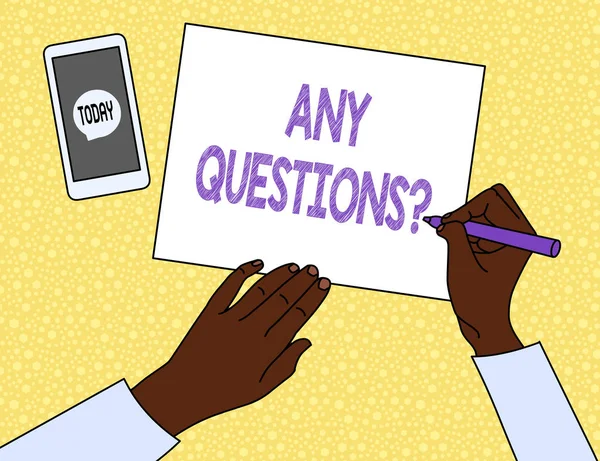 Text sign showing Any Questions Question. Conceptual photo you say write order to ask demonstrating about something. — Stock Photo, Image