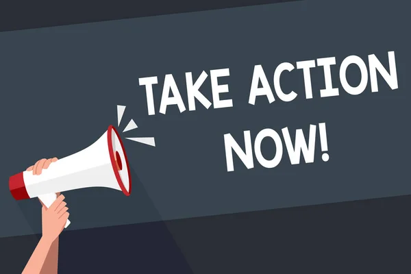 Текст для написания слов Take Action Now. Бизнес-концепция для чего-то официального или согласованного достижения цели с проблемой Человеческая рука крепко держит мегафон со звуковой иконкой и пустым текстовым пространством . — стоковое фото
