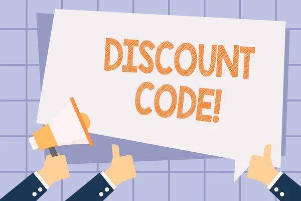 Writing note showing Discount Code. Business photo showcasing Series of letters or numbers that allow you to get a discount Hand Holding Megaphone and Gesturing Thumbs Up Text Balloon.