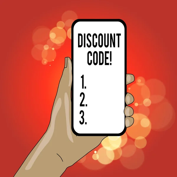 Writing note showing Discount Code. Business photo showcasing Series of letters or numbers that allow you to get a discount. — 스톡 사진