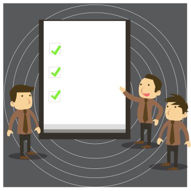 Group of Young Businessmen or White Collars Standing Beside Whiteboard or Presentation Chart with Three Green Check Marks over White Background Discussing Missions Accomplished. clipart