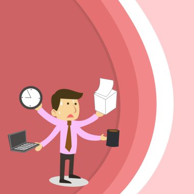 Stresli Out Erkek Ofis İşçi Sweat Holding Laptop, Kağıtlar, Kupa ve Duvar Saati Kaplı ve Son Tarihler Karşılamak için Çalışma Yerinde Bir Anda Çeşitli Görevleri Yapmaya Çalışıyor.