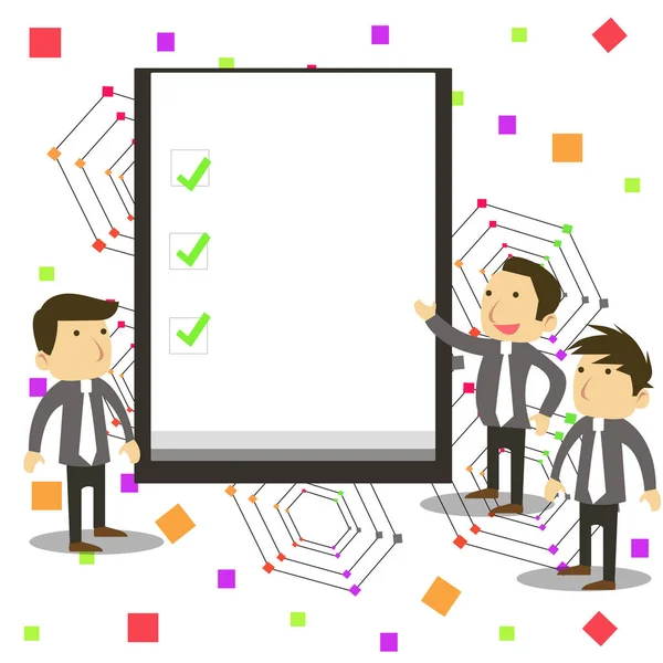 Group of Young Businessmen or White Collars Standing Beside Whiteboard or Presentation Chart with Three Green Check Marks over White Background Discussing Missions Accomplished. — Stock Vector