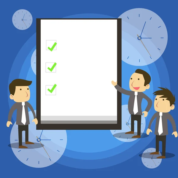 Group of Young Businessmen or White Collars Standing Beside Whiteboard or Presentation Chart with Three Green Check Marks over White Background Discussing Missions Accomplished. — Stock Vector