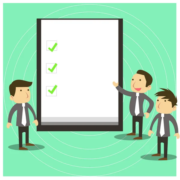 Group of Young Businessmen or White Collars Standing Beside Whiteboard or Presentation Chart with Three Green Check Marks over White Background Discussing Missions Accomplished. — Stock Vector