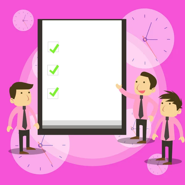 Group of Young Businessmen or White Collars Standing Beside Whiteboard or Presentation Chart with Three Green Check Marks over White Background Discussing Missions Accomplished. — Stock Vector