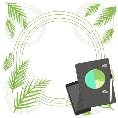 Raporlar ve Sunumlar için Renkli İş Pasta Grafiği ile Akıllı Telefon Cihazı, Tükenmez Kalem ve Ringbound Not Defteri Kapalı Düz fotoğraf Düzeni