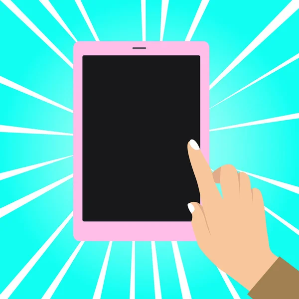 Frauenhand mit weiß polierten Nägeln, die auf ein Touchscreen-Tablet oder Smartphone mit ausgeschaltetem Bildschirm oder im Hintergrund zeigen. Foto Foto-Grafik-Design. flacher Stil — Stockvektor