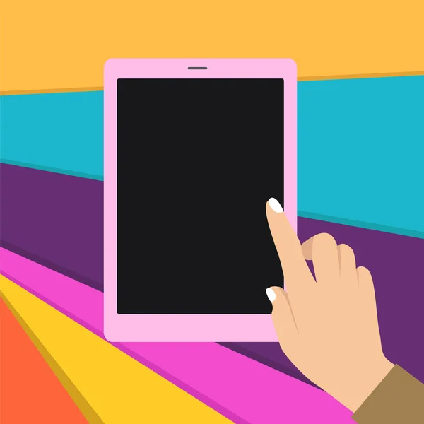 Main féminine avec des ongles polis blancs pointant vers la tablette à écran tactile ou l'appareil Smartphone avec son écran éteint ou en arrière-plan. photo photo Graphisme. Style plat — Image vectorielle
