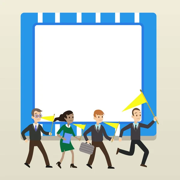 商务人士小组 三男一女在办公室穿衣服，有简介、文件夹和旗帜，以领导为首，参加示威或预选会议 — 图库矢量图片