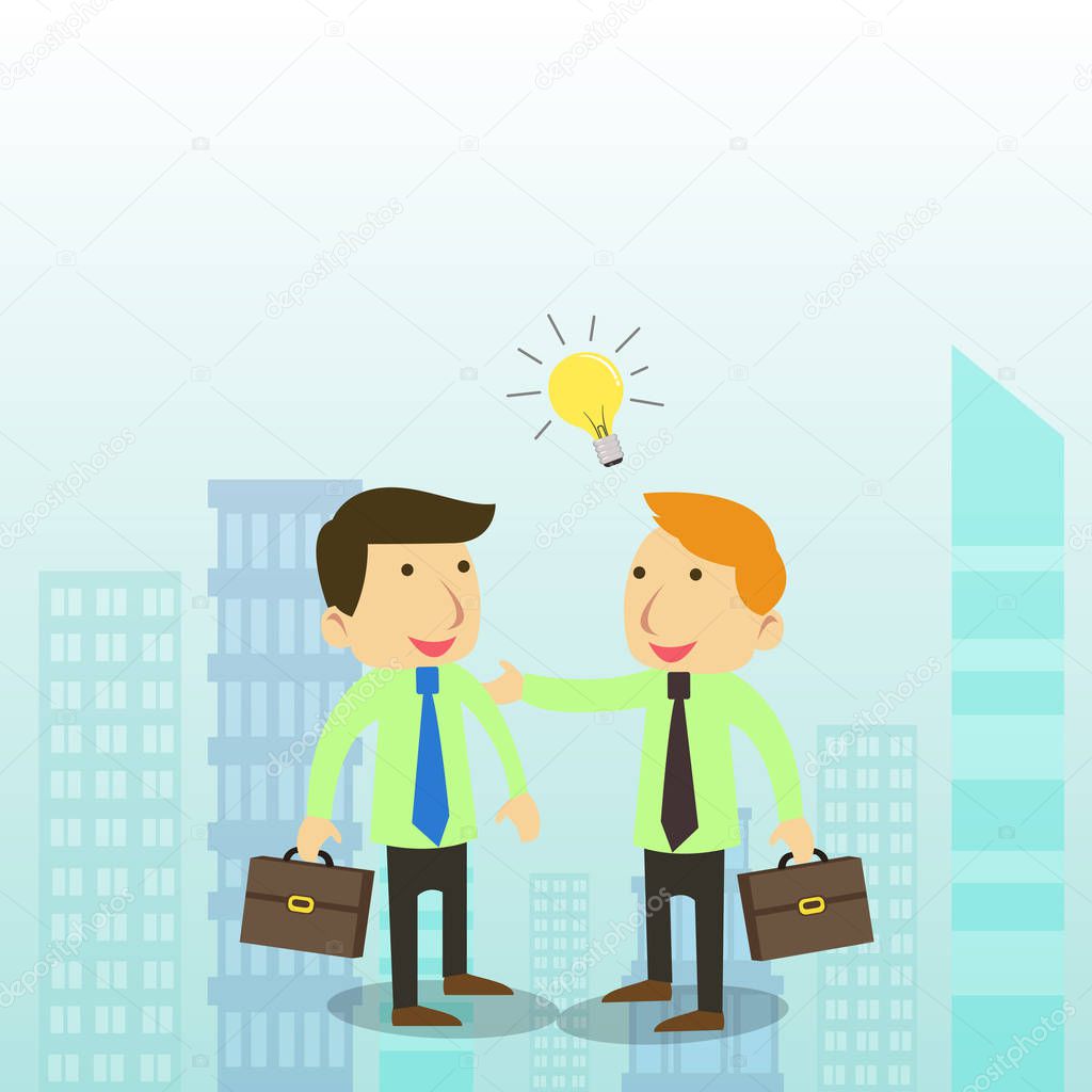 Flat photo Design of White Male with Brief Case Meeting his Business Partner or Colleague and Coming Up with Idea or Problem Solution while Tapping on his Shoulder