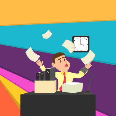 Masaüstünde Oturan Şaşkın Erkek Ofis Çalışanı Dosya Klasörleri ve Kağıt Ream ile Darmadağın Oturan Duvar Saati bakıyor ve O Son Karşılamak için başarısız anlayış