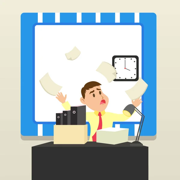 Confused Male Office Worker Sitting at Desktop Cluttered with File Folders and Ream of Paper Looking at Wall Clock and Understanding He Fails to Meet Deadline — Stock Vector