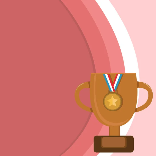 Platte foto foto van Trophy Cup met handvatten en houten basis met lege plaque versierd met bronzen medaille met gestreepte lint. Winnaar prijs op sokkel — Stockvector