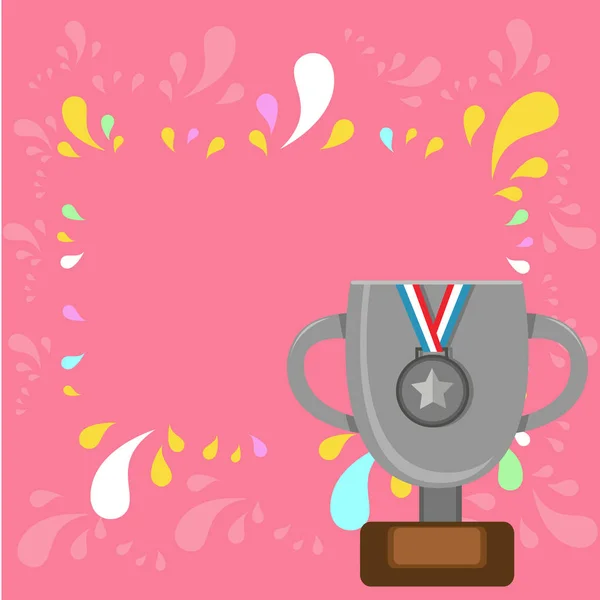 Platte foto foto van Trophy Cup met handvatten en houten basis met lege plaque versierd met zilveren medaille met gestreepte lint. Winnaar prijs op sokkel — Stockvector