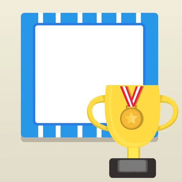 Platte foto foto van Trophy Cup met handvatten en houten basis met lege plaque versierd met gouden medaille met gestreepte lint. Winnaar prijs op sokkel — Stockvector