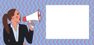 Ceketli, at kuyruklu genç kadın dikdörtgen şekilli mesaj kutusuyla Loudhailer 'a bağırıyor. Açıklamalar ve Tanıtımlar için Yaratıcı Arkaplan Alanı