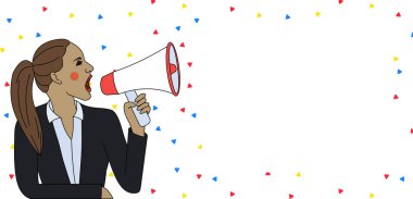 Ceketli, at kuyruklu genç kadın dikdörtgen şekilli mesaj kutusuyla Loudhailer 'a bağırıyor. Açıklamalar ve Tanıtımlar için Yaratıcı Arkaplan Alanı