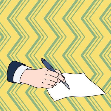 Resmi Suit Tutan Tükenmez Kalem ve Boş Parça Kağıt Üzerine Yazmaya Hazır Erkek El Closeup Düz fotoğraf. Yaratıcı Arka Plan Alanı