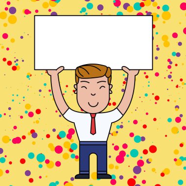 Resmi Kıyafetlerle Gülümseyen Genç Erkek Ayakta Duruyor ve İki Eliyle Büyük Boş Pankart ı Tutarak. Duyurular ve Promosyonlar için Yaratıcı Arka Plan Alanı