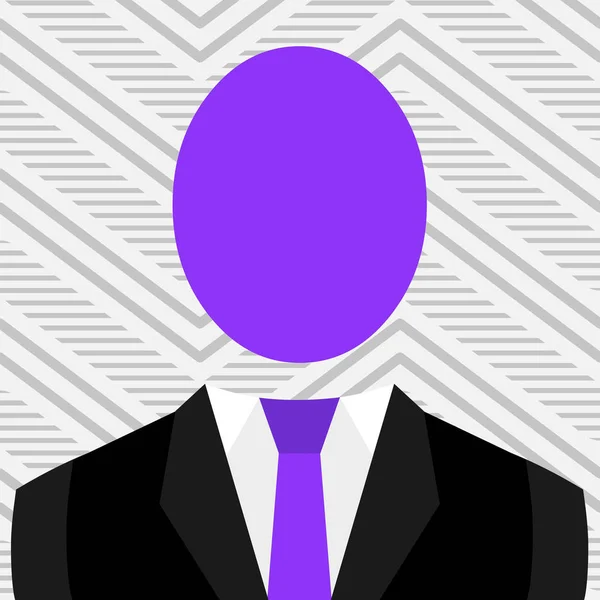 Symbolický výkres muže v obleku a kravatě s Big Ovalem bez tváře. Emblematický samec postavy ve formálním oděvu s barevnou elipsou jako lebka. Plochý fotografický design — Stockový vektor