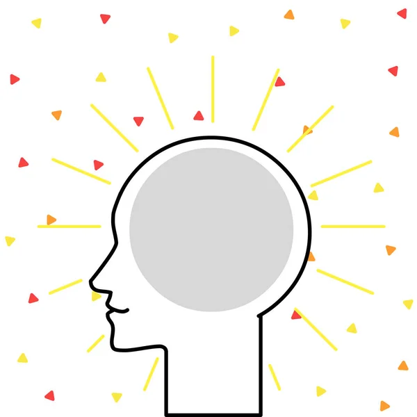 Profilvy av mänskligt huvud omgiven av ljusstrålar med blankutrymme för att bädda in tankar och idéer. Kontur siluett av man Woman skull med tom text bubbla — Stock vektor
