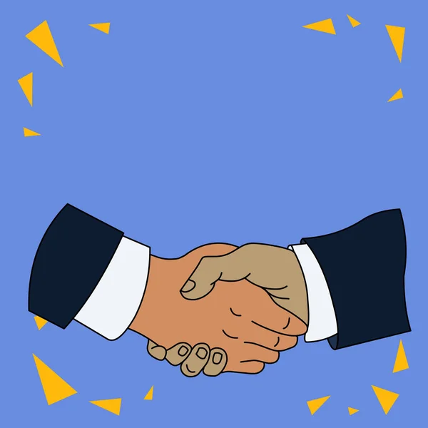 Hand Shake tussen multiraciale mannelijke zaken partners of collega's die formele witte shirts en zwarte pakken dragen. foto. Vlakke stijl Art Design. — Stockvector