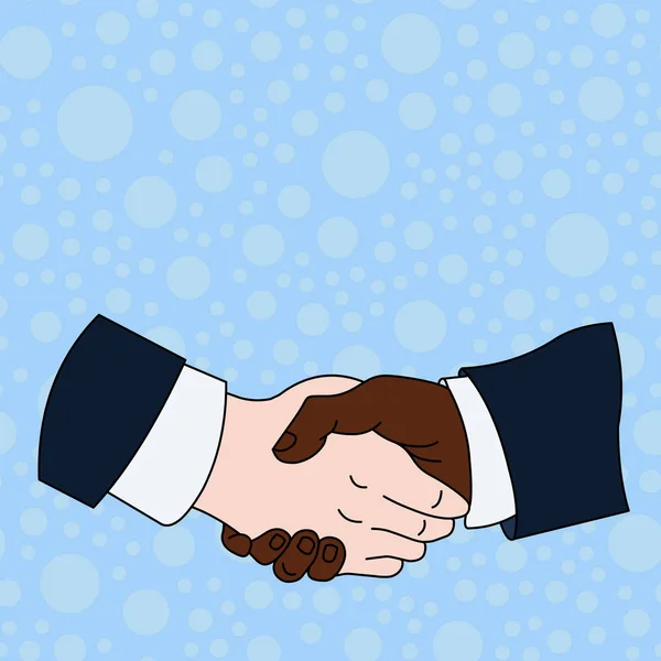 Hand Shake tussen multiraciale mannelijke zaken partners of collega's die formele witte shirts en zwarte pakken dragen. foto. Vlakke stijl Art Design. — Stockvector