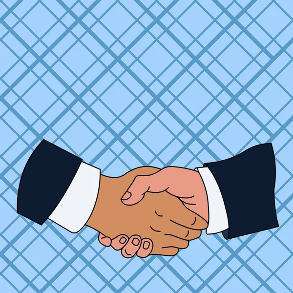 Hand Shake tussen multiraciale mannelijke zaken partners of collega's die formele witte shirts en zwarte pakken dragen. foto. Vlakke stijl Art Design. — Stockvector