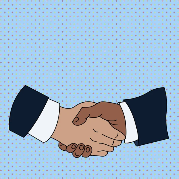 Hand Shake tussen multiraciale mannelijke zaken partners of collega's die formele witte shirts en zwarte pakken dragen. foto. Vlakke stijl Art Design. — Stockvector