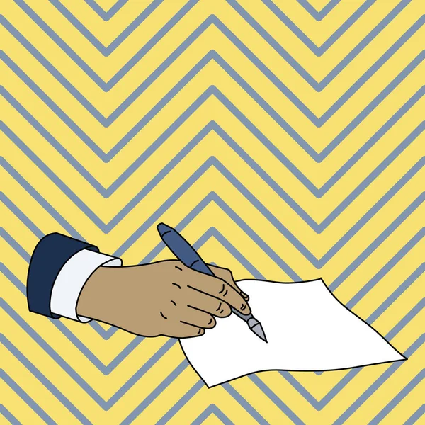 Foto plana de Primer plano de la mano masculina en traje formal sosteniendo bolígrafo y listo para escribir en papel en blanco. Espacio de fondo creativo — Archivo Imágenes Vectoriales