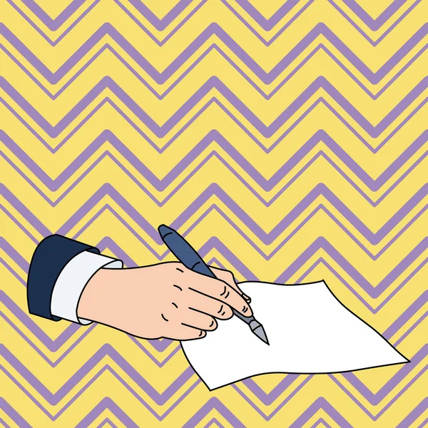 Foto plana de Primer plano de la mano masculina en traje formal sosteniendo bolígrafo y listo para escribir en papel en blanco. Espacio de fondo creativo — Archivo Imágenes Vectoriales