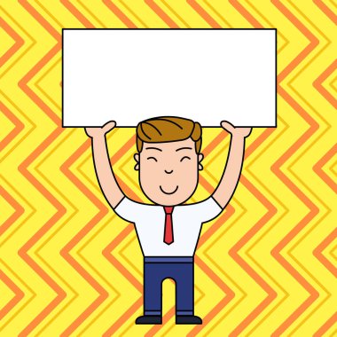 Resmi Kıyafetlerle Gülümseyen Genç Erkek Ayakta Duruyor ve İki Eliyle Büyük Boş Pankart ı Tutarak. Duyurular ve Promosyonlar için Yaratıcı Arka Plan Alanı