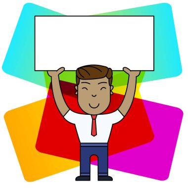 Resmi Kıyafetlerle Gülümseyen Genç Erkek Ayakta Duruyor ve İki Eliyle Büyük Boş Pankart ı Tutarak. Duyurular ve Promosyonlar için Yaratıcı Arka Plan Alanı