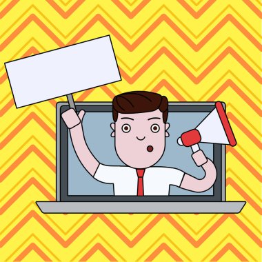 Man One Hand megafon ve Başka Bir Handle ile Boş Plaka ile Laptop Ekran üzerinden konuşan. Duyurular ve Reklamlar için Yaratıcı Arka Plan Alanı