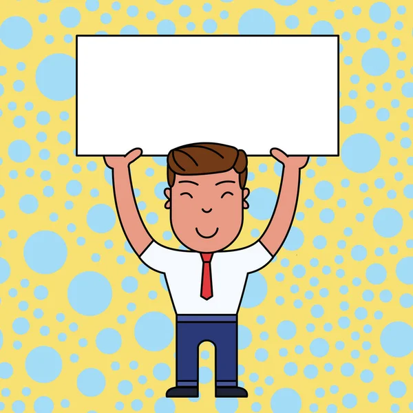 Resmi Kıyafetlerle Gülümseyen Genç Erkek Ayakta Duruyor ve İki Eliyle Büyük Boş Pankart ı Tutarak. Duyurular ve Promosyonlar için Yaratıcı Arka Plan Alanı