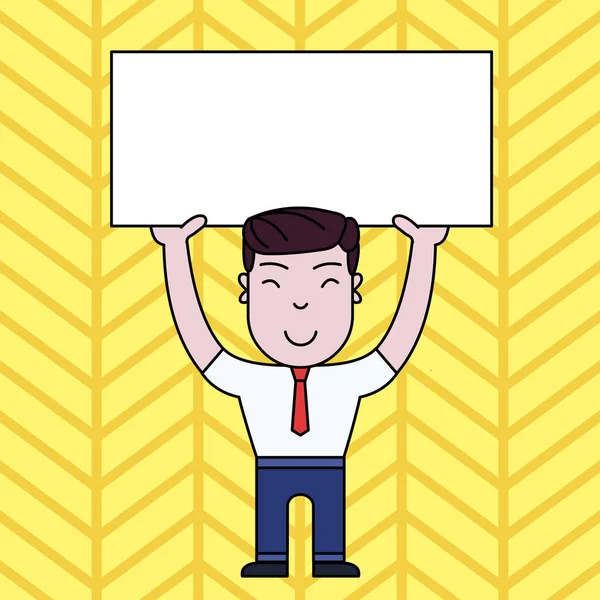 Resmi Kıyafetlerle Gülümseyen Genç Erkek Ayakta Duruyor ve İki Eliyle Büyük Boş Pankart ı Tutarak. Duyurular ve Promosyonlar için Yaratıcı Arka Plan Alanı