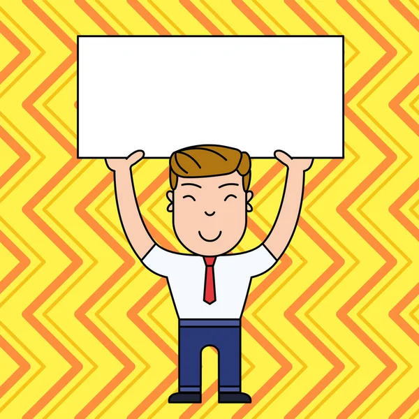 Resmi Kıyafetlerle Gülümseyen Genç Erkek Ayakta Duruyor ve İki Eliyle Büyük Boş Pankart ı Tutarak. Duyurular ve Promosyonlar için Yaratıcı Arka Plan Alanı