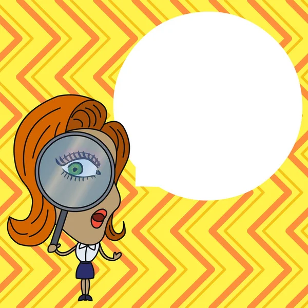 一个女人穿着白色的浮动式圆形空白说话泡泡,看上去像个大玻璃. 调查问题求解概念的平面照片设计 — 图库矢量图片