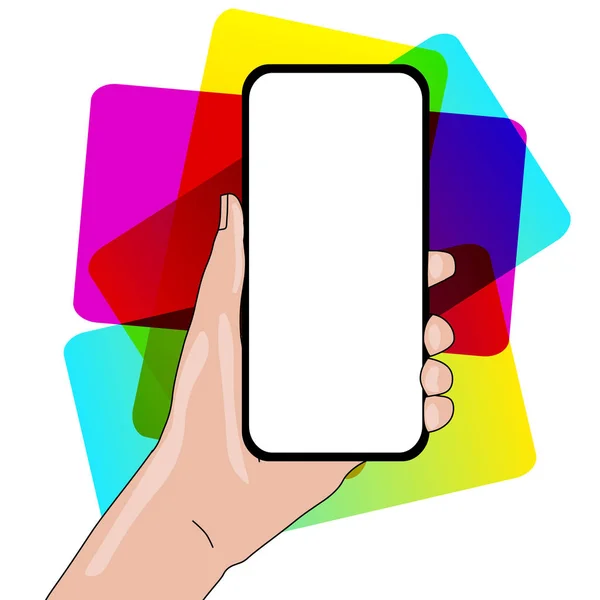 Primer plano de la pantalla en blanco Smartphone en mano verticalmente con espacio vacío para el texto. Antecedentes creativos para anuncios Anuncios Promociones — Vector de stock