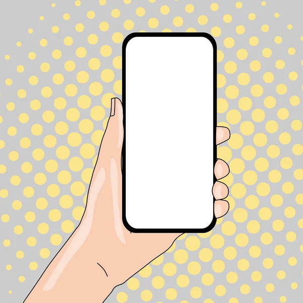 Closeup of Blank Screen Smartphone Held in Hand Vertically with Empty Space for Text. Creative Background for Announcements Advertisements Promotions — Stock Vector