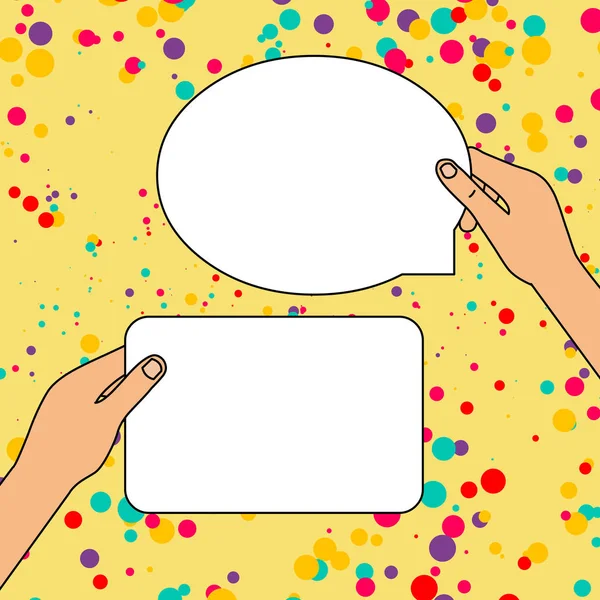 Hands Holding Two Empty Tablets One Rectangular in Left Hand Another in Form of Oval Speech Bubble in Right One. Creative Background Space for Texting — Stock Vector