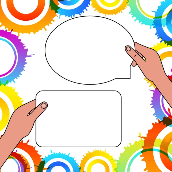 Hands Holding Two Empty Tablets One Rectangular in Left Hand Another in Form of Oval Speech Bubble in Right One (dalam bahasa Inggris). Ruang Latar Belakang Kreatif untuk Teks - Stok Vektor