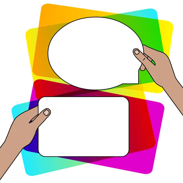手拿着两个空的平板电脑，一个在左手的矩形另一个在椭圆形语音气泡的形式在右一。用于文本的创意背景空间 — 图库矢量图片