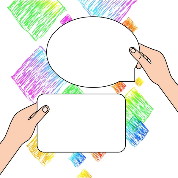 Hands Holding Two Empty Tablets One Rectangular in Left Hand Another in Form of Oval Speech Bubble in Right One (dalam bahasa Inggris). Ruang Latar Belakang Kreatif untuk Teks - Stok Vektor